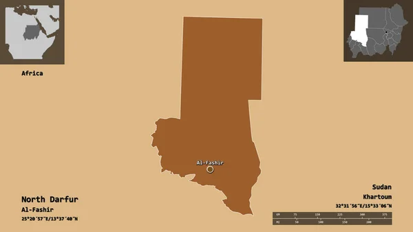 北ダルフールの形 スーダンの状態 そしてその首都 距離スケール プレビューおよびラベル パターン化されたテクスチャの構成 3Dレンダリング — ストック写真