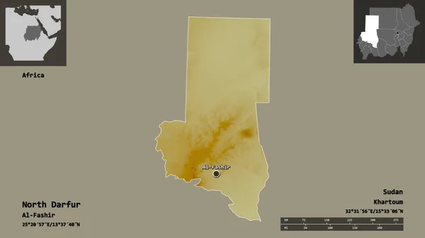 北ダルフールの形 スーダンの状態 そしてその首都 距離スケール プレビューおよびラベル 地形図 3Dレンダリング — ストック写真