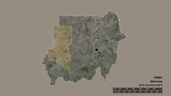 苏丹以首都 主要地区分部和分离的北达尔富尔地区为首都的绝望状态 卫星图像 3D渲染 — 图库照片
