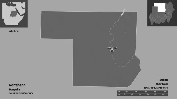 苏丹北部形状 苏丹州及其首都 距离刻度 预览和标签 Bilevel高程图 3D渲染 — 图库照片