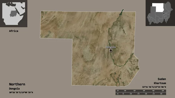 Форма Півночі Судан Його Столиця Масштаб Відстаней Превью Етикетки Супутникові — стокове фото