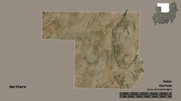 苏丹北部形状 首都孤立在坚实的背景上 距离尺度 区域预览和标签 卫星图像 3D渲染 — 图库照片