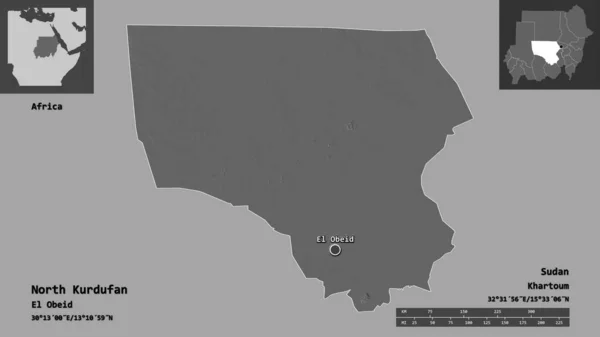 北クルドファンの形状 スーダンの状態 およびその首都 距離スケール プレビューおよびラベル 標高マップ 3Dレンダリング — ストック写真
