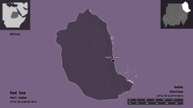 Kızıl Deniz 'in şekli, Sudan eyaleti ve başkenti. Uzaklık ölçeği, ön gösterimler ve etiketler. Renkli yükseklik haritası. 3B görüntüleme
