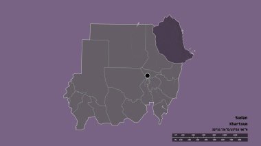 Başkenti, ana bölgesel bölümü ve bölünmüş Kızıldeniz bölgesi ile Sudan 'ın dejenere edilmiş şekli. Etiketler. Renkli yükseklik haritası. 3B görüntüleme