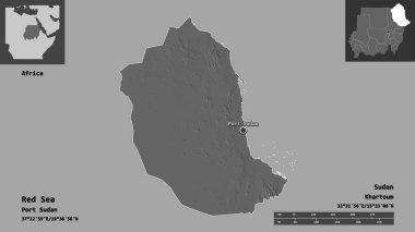 Kızıl Deniz 'in şekli, Sudan eyaleti ve başkenti. Uzaklık ölçeği, ön gösterimler ve etiketler. Çift seviyeli yükseklik haritası. 3B görüntüleme