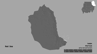Kızıl Deniz 'in şekli, Sudan eyaleti, başkenti sağlam bir zemin üzerinde izole edilmiş. Uzaklık ölçeği, bölge önizlemesi ve etiketleri. Çift seviyeli yükseklik haritası. 3B görüntüleme