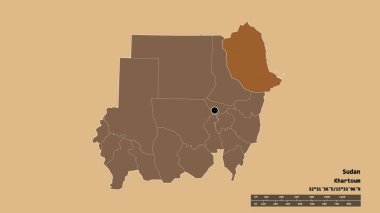 Başkenti, ana bölgesel bölümü ve bölünmüş Kızıldeniz bölgesi ile Sudan 'ın dejenere edilmiş şekli. Etiketler. Desenli dokuların bileşimi. 3B görüntüleme