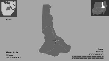 Nil Nehri 'nin şekli, Sudan eyaleti ve başkenti. Uzaklık ölçeği, ön gösterimler ve etiketler. Çift seviyeli yükseklik haritası. 3B görüntüleme