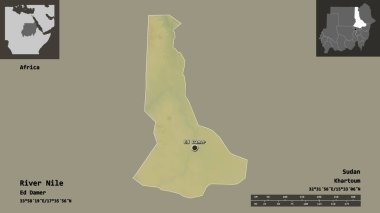 Nil Nehri 'nin şekli, Sudan eyaleti ve başkenti. Uzaklık ölçeği, ön gösterimler ve etiketler. Topografik yardım haritası. 3B görüntüleme