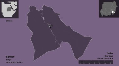 Sennar, Sudan eyaleti ve başkenti. Uzaklık ölçeği, ön gösterimler ve etiketler. Renkli yükseklik haritası. 3B görüntüleme