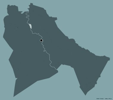 Sudan eyaleti Sennar 'ın şekli, başkenti katı renk arkaplanı ile izole edilmiş. Renkli yükseklik haritası. 3B görüntüleme
