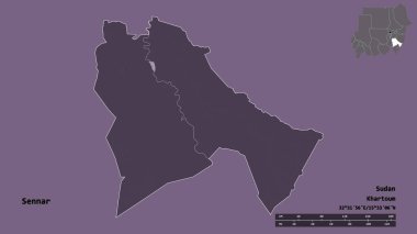 Sudan eyaleti Sennar 'ın şekli, başkenti sağlam bir zemin üzerinde izole edilmiş. Uzaklık ölçeği, bölge önizlemesi ve etiketleri. Renkli yükseklik haritası. 3B görüntüleme