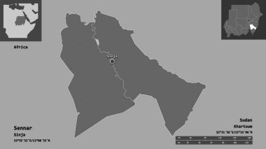 Sennar, Sudan eyaleti ve başkenti. Uzaklık ölçeği, ön gösterimler ve etiketler. Çift seviyeli yükseklik haritası. 3B görüntüleme