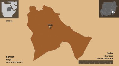 Sennar, Sudan eyaleti ve başkenti. Uzaklık ölçeği, ön gösterimler ve etiketler. Desenli dokuların bileşimi. 3B görüntüleme