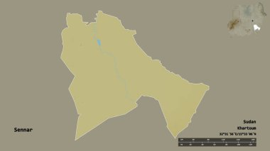 Sudan eyaleti Sennar 'ın şekli, başkenti sağlam bir zemin üzerinde izole edilmiş. Uzaklık ölçeği, bölge önizlemesi ve etiketleri. Topografik yardım haritası. 3B görüntüleme