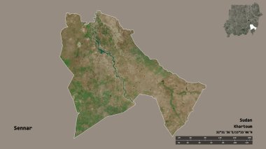 Sudan eyaleti Sennar 'ın şekli, başkenti sağlam bir zemin üzerinde izole edilmiş. Uzaklık ölçeği, bölge önizlemesi ve etiketleri. Uydu görüntüleri. 3B görüntüleme
