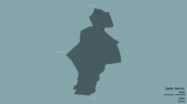 Güney Darfur bölgesi, Sudan eyaleti, katı bir arka planda izole edilmiş bir sınır kutusunda. Etiketler. Renkli yükseklik haritası. 3B görüntüleme