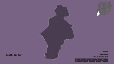 Güney Darfur 'un şekli, Sudan eyaleti, başkenti sağlam bir zemin üzerinde izole edilmiş. Uzaklık ölçeği, bölge önizlemesi ve etiketleri. Renkli yükseklik haritası. 3B görüntüleme