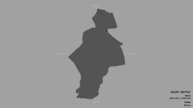Güney Darfur bölgesi, Sudan eyaleti, katı bir arka planda izole edilmiş bir sınır kutusunda. Etiketler. Çift seviyeli yükseklik haritası. 3B görüntüleme