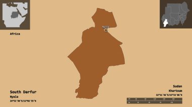 Güney Darfur 'un şekli, Sudan eyaleti ve başkenti. Uzaklık ölçeği, ön gösterimler ve etiketler. Desenli dokuların bileşimi. 3B görüntüleme