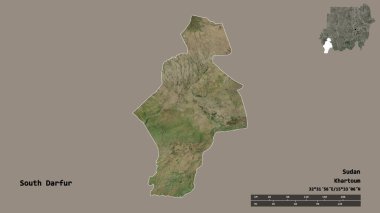 Güney Darfur 'un şekli, Sudan eyaleti, başkenti sağlam bir zemin üzerinde izole edilmiş. Uzaklık ölçeği, bölge önizlemesi ve etiketleri. Uydu görüntüleri. 3B görüntüleme