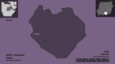Güney Kurdufan 'ın şekli, Sudan eyaleti ve başkenti. Uzaklık ölçeği, ön gösterimler ve etiketler. Renkli yükseklik haritası. 3B görüntüleme