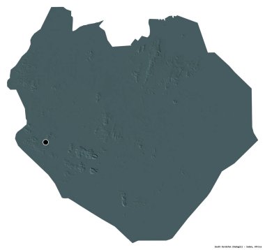 Güney Kurdufan 'ın şekli, Sudan eyaleti, başkenti beyaz arka planda izole edilmiş. Renkli yükseklik haritası. 3B görüntüleme