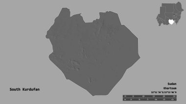 Güney Kurdufan 'ın şekli, Sudan eyaleti, başkenti sağlam bir zemin üzerinde izole edilmiş. Uzaklık ölçeği, bölge önizlemesi ve etiketleri. Çift seviyeli yükseklik haritası. 3B görüntüleme