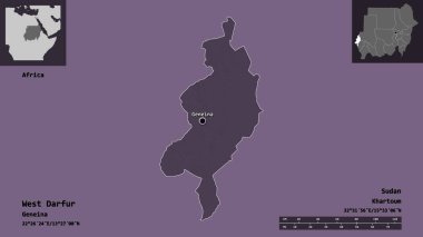 Batı Darfur 'un şekli, Sudan eyaleti ve başkenti. Uzaklık ölçeği, ön gösterimler ve etiketler. Renkli yükseklik haritası. 3B görüntüleme