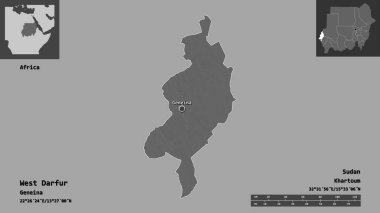 Batı Darfur 'un şekli, Sudan eyaleti ve başkenti. Uzaklık ölçeği, ön gösterimler ve etiketler. Çift seviyeli yükseklik haritası. 3B görüntüleme