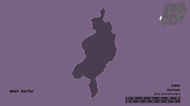 Batı Darfur 'un şekli, Sudan eyaleti, başkenti sağlam bir zemin üzerinde izole edilmiş. Uzaklık ölçeği, bölge önizlemesi ve etiketleri. Renkli yükseklik haritası. 3B görüntüleme