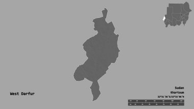 Batı Darfur 'un şekli, Sudan eyaleti, başkenti sağlam bir zemin üzerinde izole edilmiş. Uzaklık ölçeği, bölge önizlemesi ve etiketleri. Çift seviyeli yükseklik haritası. 3B görüntüleme