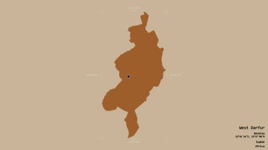 Batı Darfur bölgesi, Sudan eyaleti, katı bir arka planda izole edilmiş bir sınır kutusunda. Etiketler. Desenli dokuların bileşimi. 3B görüntüleme