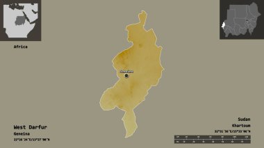 Batı Darfur 'un şekli, Sudan eyaleti ve başkenti. Uzaklık ölçeği, ön gösterimler ve etiketler. Topografik yardım haritası. 3B görüntüleme