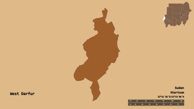 Batı Darfur 'un şekli, Sudan eyaleti, başkenti sağlam bir zemin üzerinde izole edilmiş. Uzaklık ölçeği, bölge önizlemesi ve etiketleri. Desenli dokuların bileşimi. 3B görüntüleme