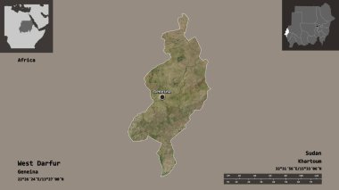 Batı Darfur 'un şekli, Sudan eyaleti ve başkenti. Uzaklık ölçeği, ön gösterimler ve etiketler. Uydu görüntüleri. 3B görüntüleme