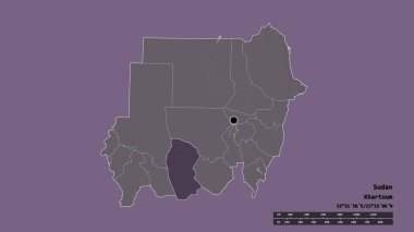 Başkenti, ana bölgesel bölümü ve ayrılmış Batı Kürdufan bölgesi ile Sudan 'ın dejenere edilmiş şekli. Etiketler. Renkli yükseklik haritası. 3B görüntüleme