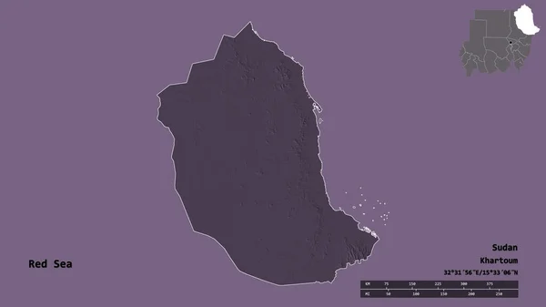 スーダンの紅海の形で その首都はしっかりとした背景に隔離されています 距離スケール リージョンプレビュー およびラベル 色の標高マップ 3Dレンダリング — ストック写真