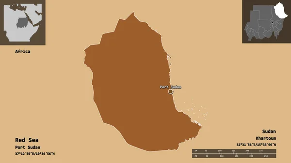 紅海の形状 スーダンの状態 およびその首都 距離スケール プレビューおよびラベル パターン化されたテクスチャの構成 3Dレンダリング — ストック写真