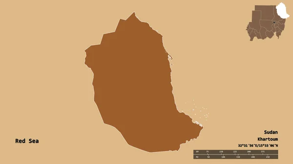 スーダンの紅海の形で その首都はしっかりとした背景に隔離されています 距離スケール リージョンプレビュー およびラベル パターン化されたテクスチャの構成 3Dレンダリング — ストック写真
