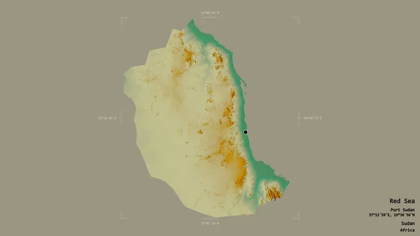 スーダンの紅海の地域は 洗練された境界の箱の中の強固な背景に隔離されています ラベル 地形図 3Dレンダリング — ストック写真