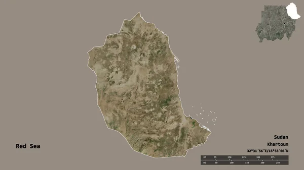 苏丹国红海形状 其首都孤立在坚实的背景下 距离尺度 区域预览和标签 卫星图像 3D渲染 — 图库照片
