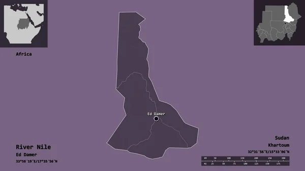 Formen Til Nilen Staten Sudan Hovedstaden Avstandsskala Forhåndsvisninger Etiketter Farget – stockfoto