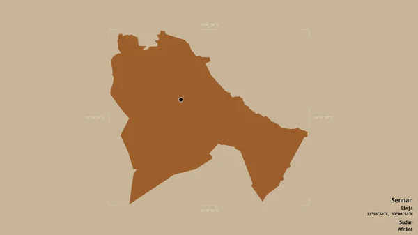 スーダンのセナー州の地域は 洗練された境界線の箱の中にしっかりとした背景に隔離されています ラベル パターン化されたテクスチャの構成 3Dレンダリング — ストック写真