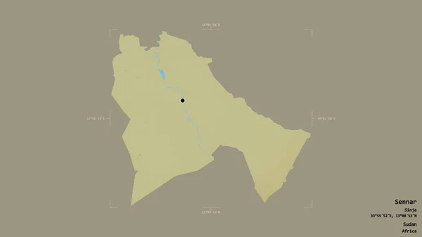 スーダンのセナー州の地域は 洗練された境界線の箱の中にしっかりとした背景に隔離されています ラベル 地形図 3Dレンダリング — ストック写真