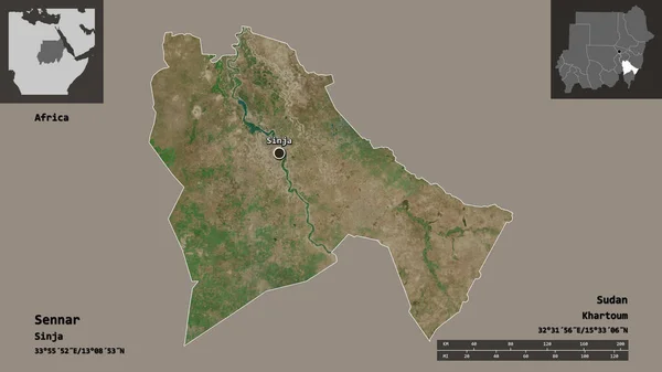 Form Sennar Staten Sudan Och Dess Huvudstad Avståndsskala Förhandsvisningar Och — Stockfoto