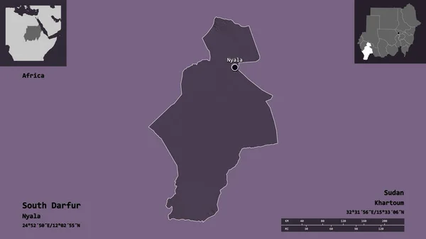 南ダルフールの形 スーダンの状態 そしてその首都 距離スケール プレビューおよびラベル 色の標高マップ 3Dレンダリング — ストック写真