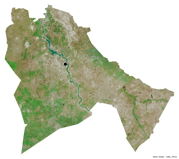 Vorm Van Sennar Soedan Met Hoofdstad Geïsoleerd Witte Achtergrond Satellietbeelden — Stockfoto