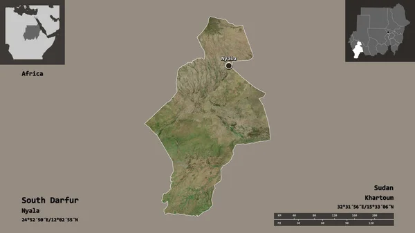 南达尔富尔州 苏丹州及其首都的形状 距离刻度 预览和标签 卫星图像 3D渲染 — 图库照片